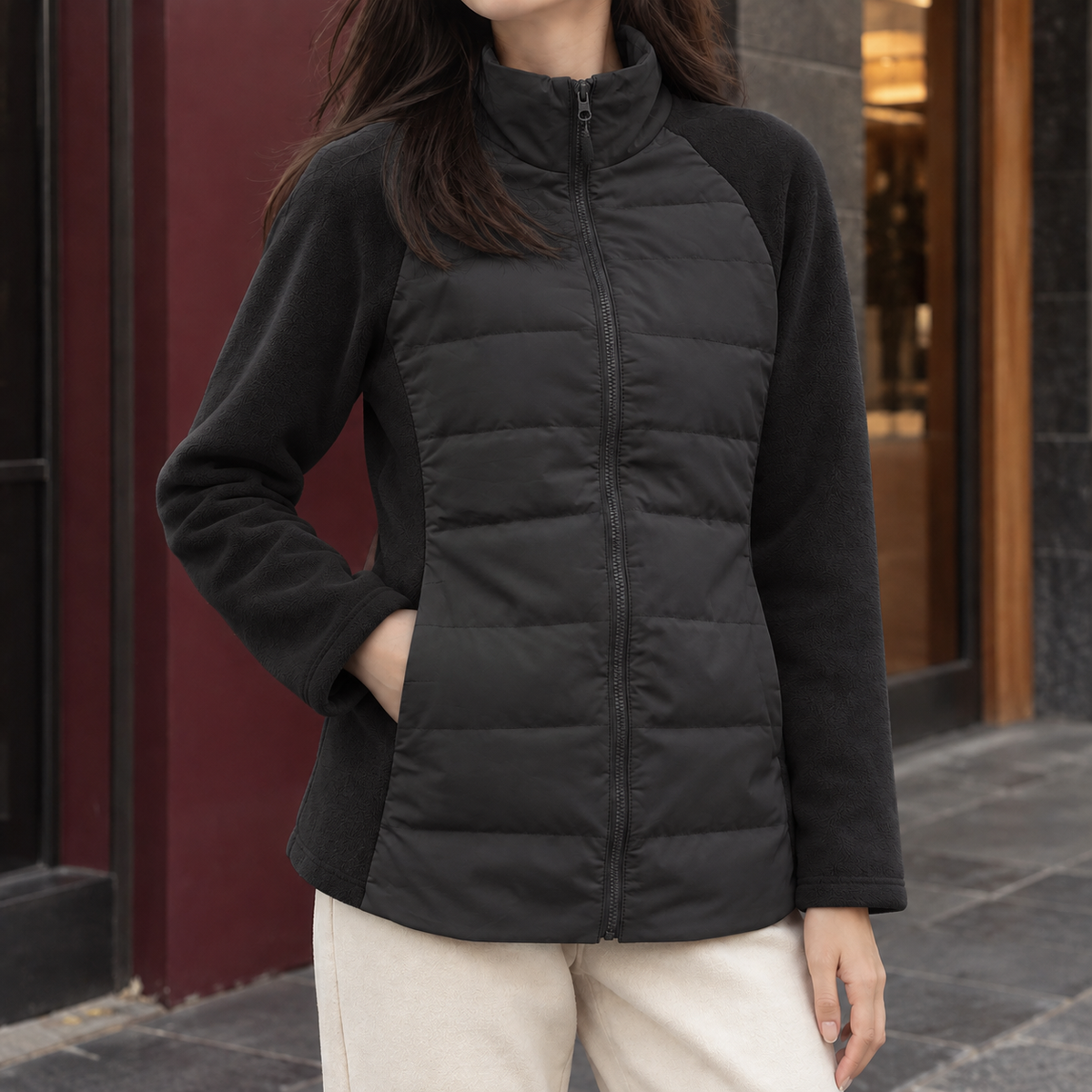 Women's Quilted Front Zip-Up Jacket with Stand Collar - Black