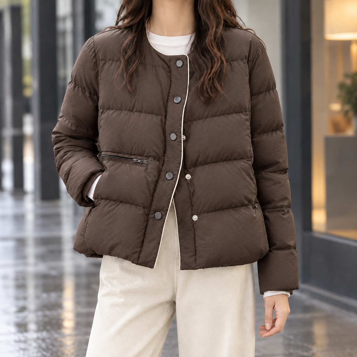 Women's Collarless Quilted Snap-Front Jacket - product view 4