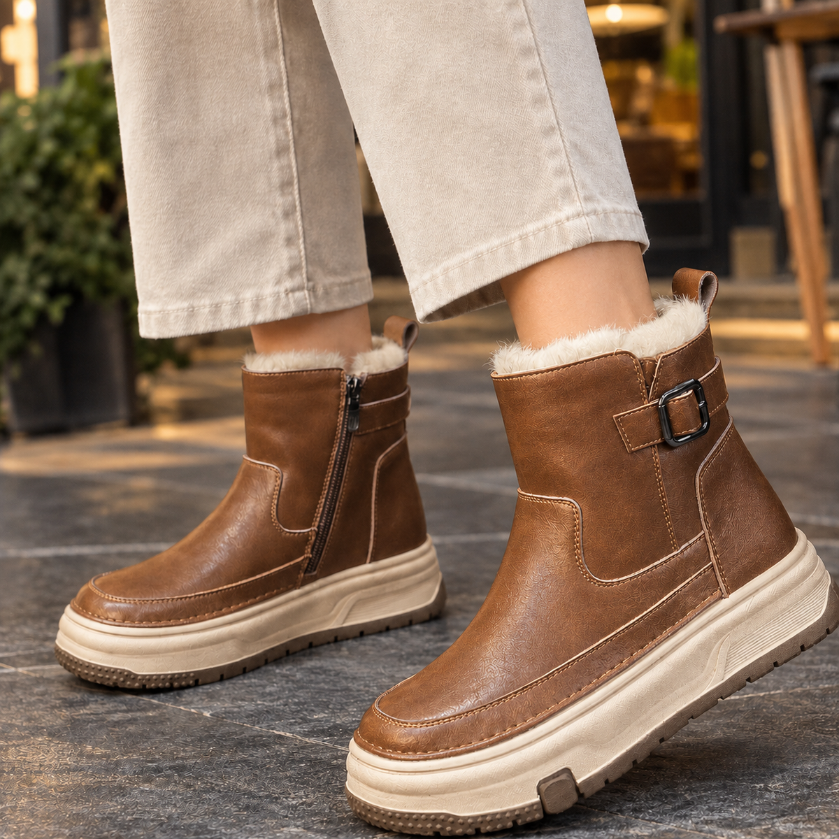 Women's Plush-Cuff Platform Boots with Buckle Strap - product view 4