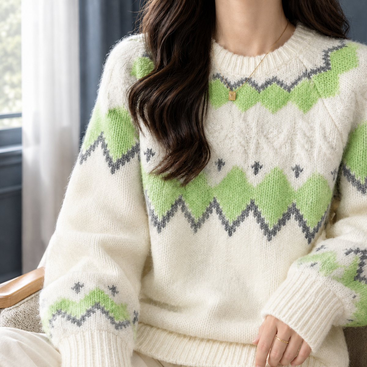 Women's Fair Isle Crewneck Sweater with Cable Detail - product view 4