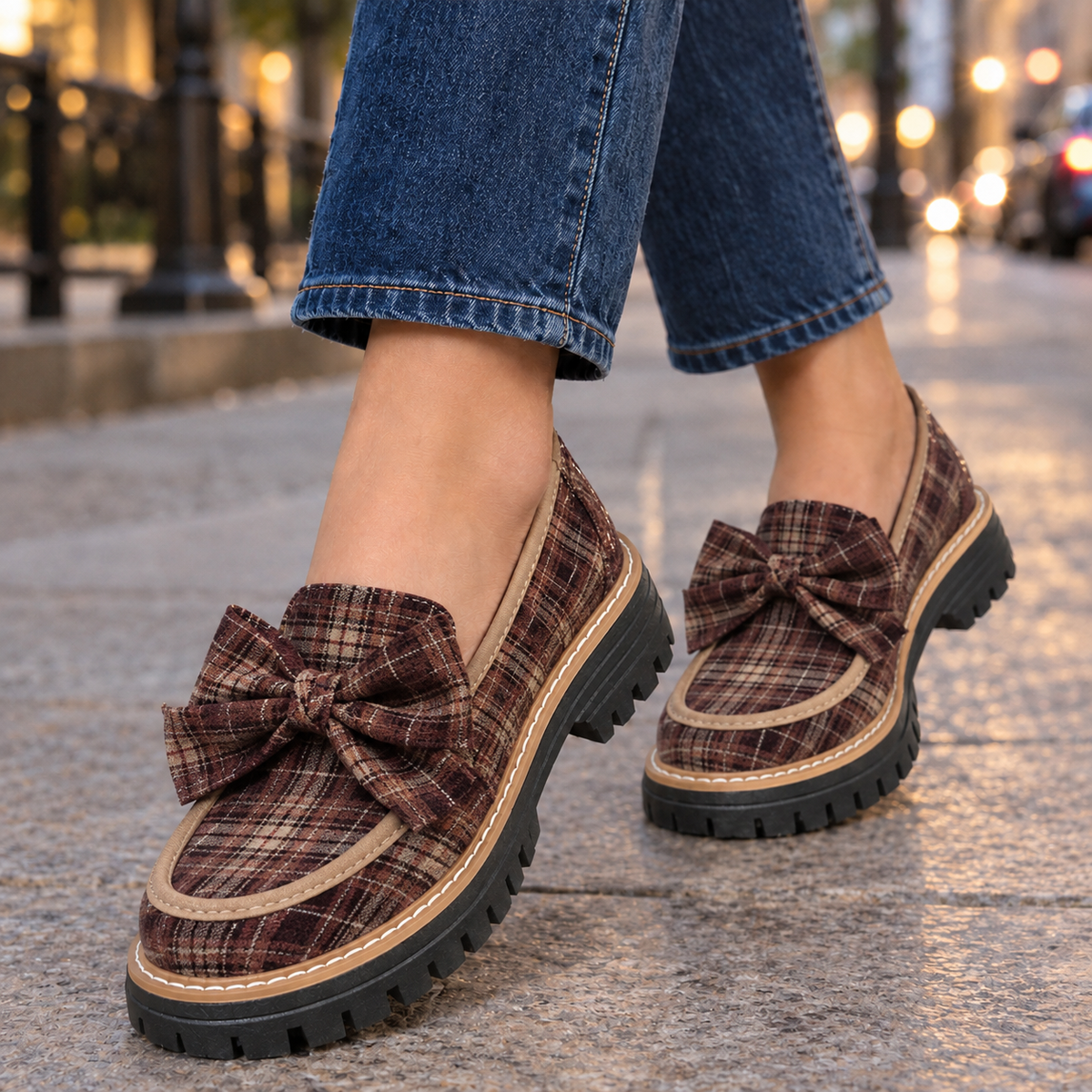 Women's Bow Loafers with Chunky Lug Sole - Brown Plaid