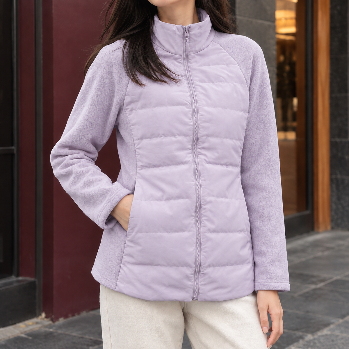 Women's Quilted Front Zip-Up Jacket with Stand Collar - Purple
