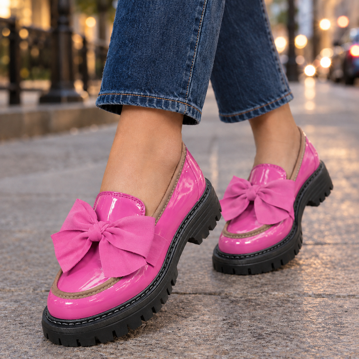 Women's Bow Loafers with Chunky Lug Sole - Pink