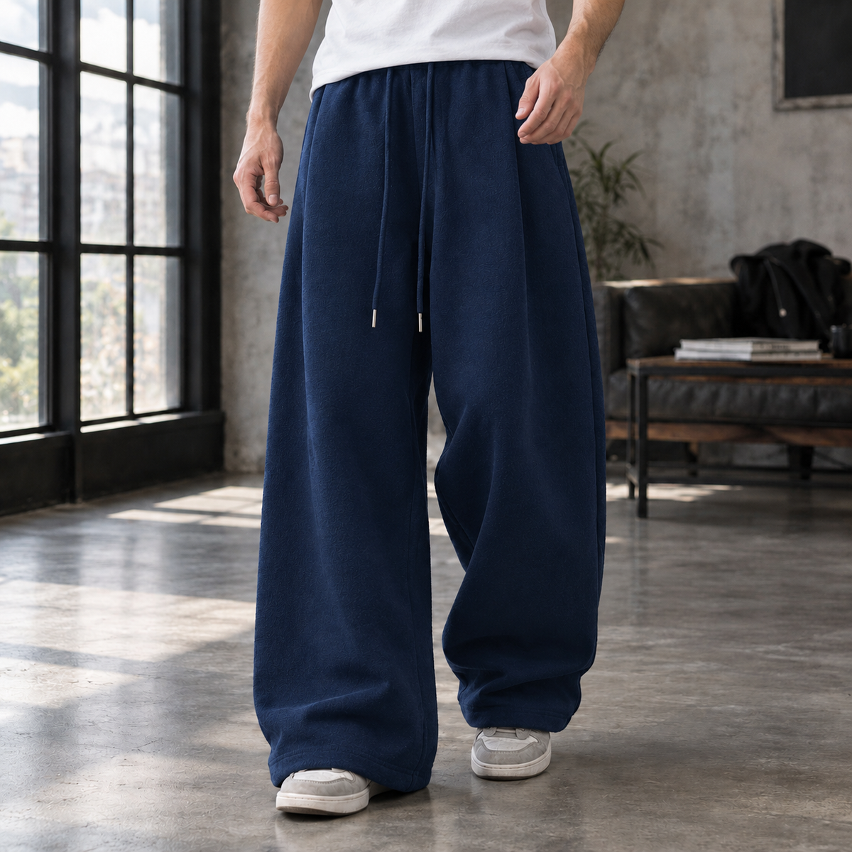 Men's Wide-Leg Pleated Pants with Drawstring Waist - product view 6
