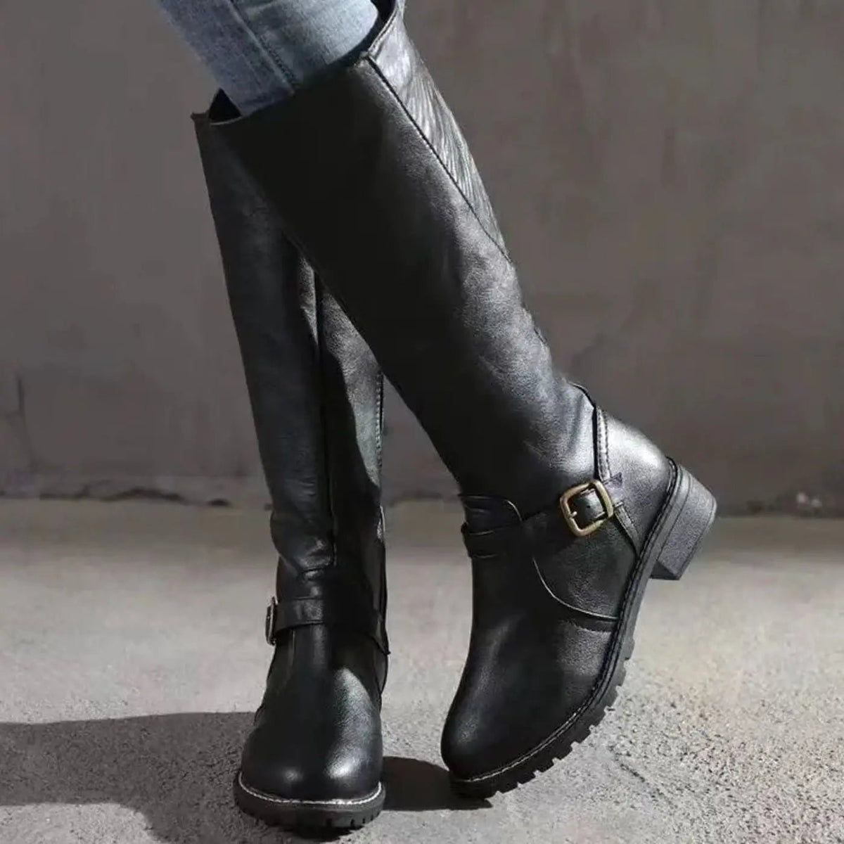 Sienna Women’s Knee-High Boots with Buckle Detail & Block Heel