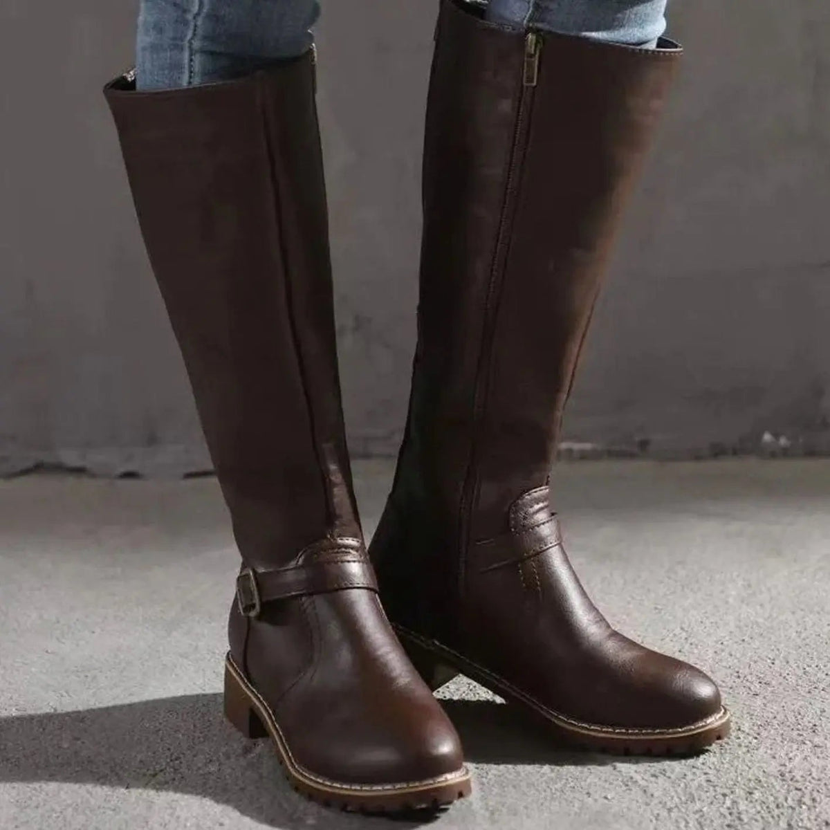 Sienna Women’s Knee-High Boots with Buckle Detail & Block Heel