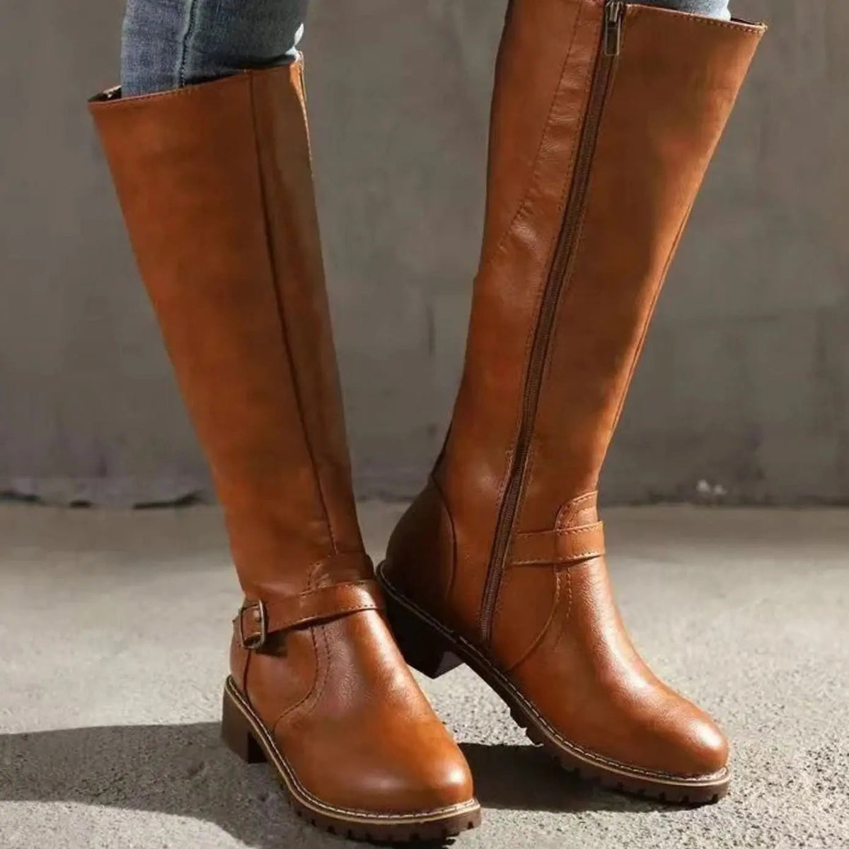 Sienna Women’s Knee-High Boots with Buckle Detail & Block Heel