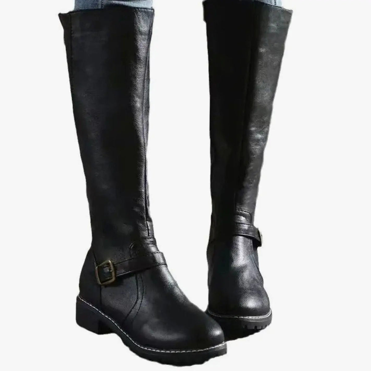 Sienna Women’s Knee-High Boots with Buckle Detail & Block Heel