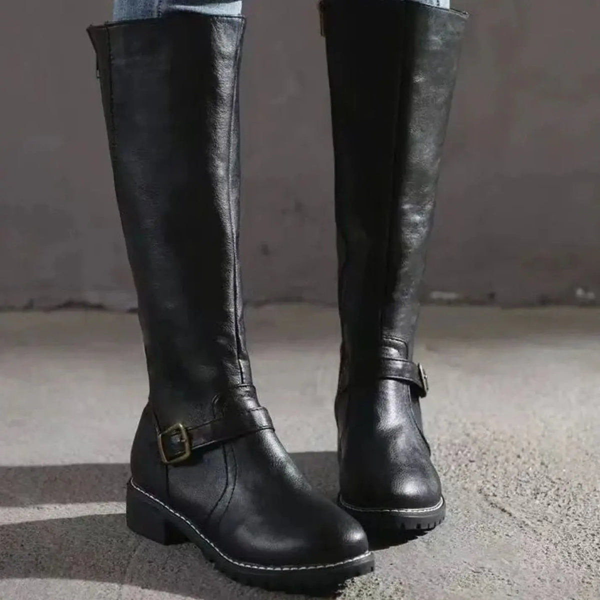 Sienna Women’s Knee-High Boots with Buckle Detail & Block Heel